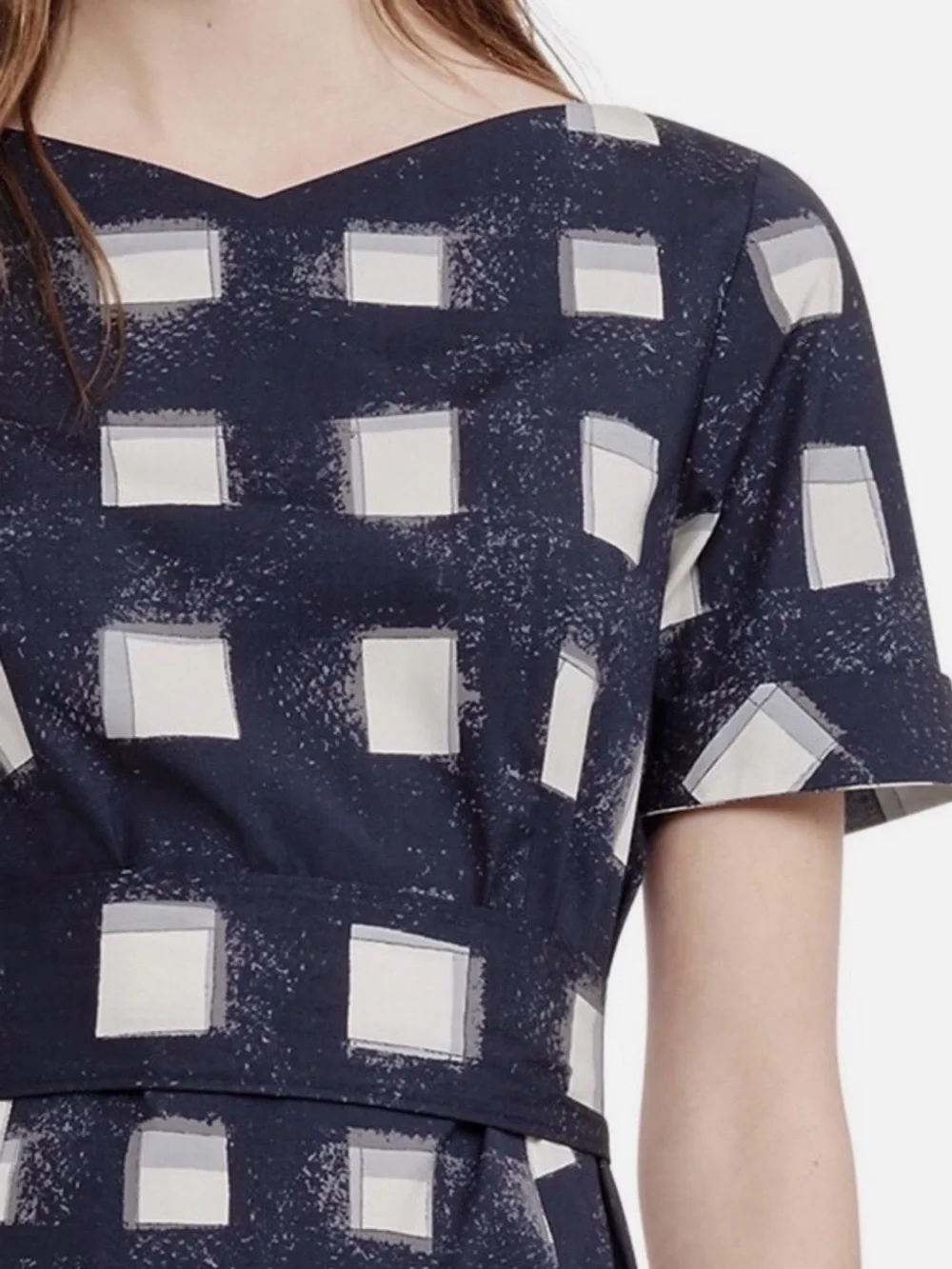 Tory Burch Navy and White Square-Print Short Sleeve Belted Dress Size 12
